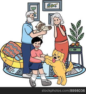 Hand Drawn Elderly play with dogs and cats illustration in doodle style isolated on background