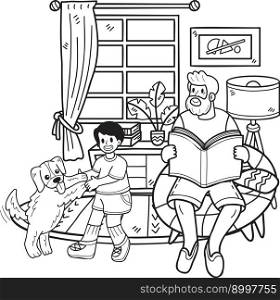 Hand Drawn Elderly reading a book with a dog illustration in doodle style isolated on background