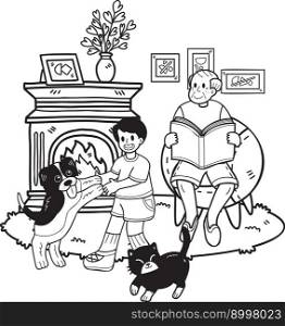 Hand Drawn Elderly reading books with dogs and cats illustration in doodle style isolated on background