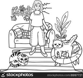 Hand Drawn Elderly scolded the cat illustration in doodle style isolated on background