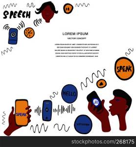 Hand drawn elelments for voice recognition card template. Hand lettering and illustrations of gadgets. Space for your text. - Vector . Voice recognition magazine page cartoon template.