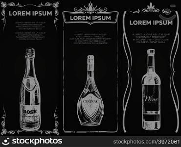 Hand drawn elite alcohol drinks banners template. Drawing poster template for bar menu. Vector illustration. Hand drawn alcohol drinks banners template