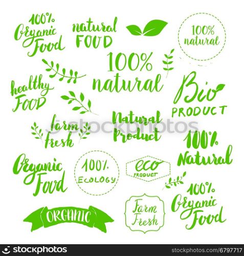 Hand drawn emblems. Eco products. Set of natural food labels