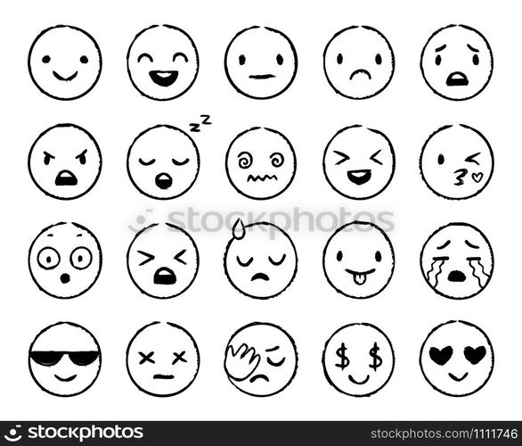 Hand drawn emoji. Doodle emoticons, smile face sketch and grunge ink brush emojis doodles. Emotion mood sketching, comic faces emoji avatar. Isolated vector symbols set. Hand drawn emoji. Doodle emoticons, smile face sketch and grunge ink brush emojis doodles vector set