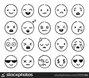 Hand drawn emoji. Doodle emoticons, smile face sketch and grunge ink brush emojis doodles. Emotion mood sketching, comic faces emoji avatar. Isolated vector symbols set. Hand drawn emoji. Doodle emoticons, smile face sketch and grunge ink brush emojis doodles vector set