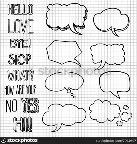 Hand drawn emotional phrases and speech bubbles on notebook backdrop. Vector illustration. Hand drawn emotional phrases and speech bubbles on notebook backdrop