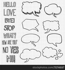 Hand drawn emotional phrases and speech bubbles on notebook backdrop. Vector illustration. Hand drawn emotional phrases and speech bubbles on notebook backdrop