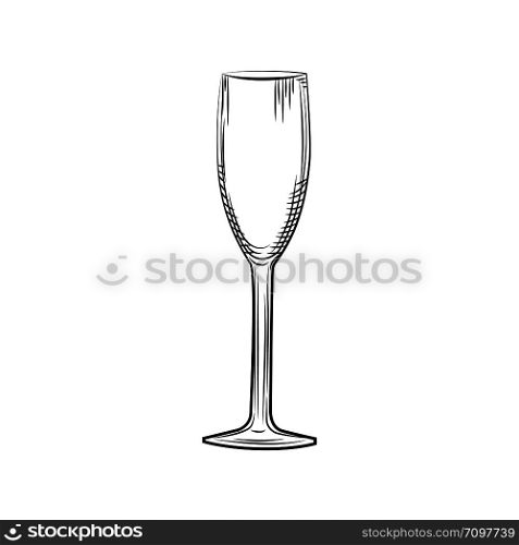 Hand drawn empty champagne glass sketch. Engraving style. Vector illustration isolated on white background.. Hand drawn empty champagne glass sketch. Engraving style.