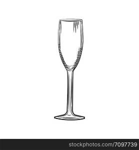 Hand drawn empty champagne glass sketch. Engraving style. Vector illustration isolated on white background.. Hand drawn empty champagne glass sketch. Engraving style.