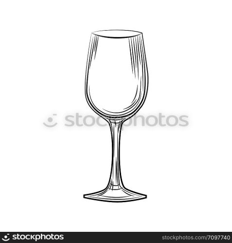 Hand drawn empty wine glass sketch. Engraving style. Vector illustration isolated on white background.. Hand drawn empty wine glass sketch. Engraving style.