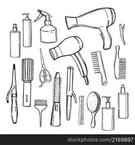 Hand-drawn equipment for styling and hair care. Products and tools for home remedies of hair care.Vector sketch illustration.. Equipment for styling and hair care. Sketch illustration.