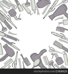 Hand-drawn equipment for styling and hair care. Products and tools for home remedies of hair care. Vector background.. Equipment for styling and hair care. Sketch illustration.