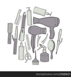 Hand-drawn equipment for styling and hair care. Products and tools for home remedies of hair care.Vector sketch illustration. . Equipment for styling and hair care. Sketch illustration.