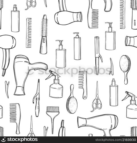 Hand-drawn equipment for styling and hair care. Products and tools for home remedies of hair care. Vector seamless pattern. . Equipment for styling and hair care. Vector pattern