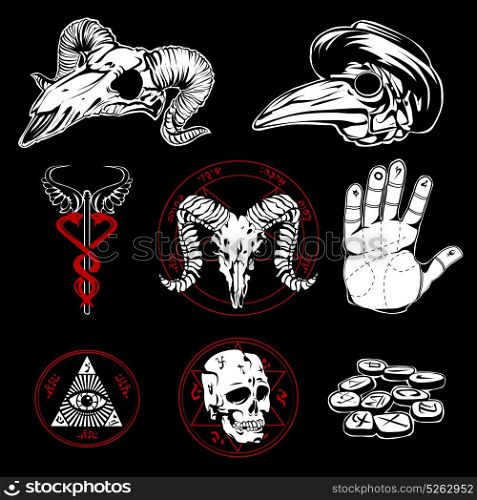 Hand Drawn Esoteric Symbols And Occult Attributes. Hand drawn esoteric emblems and occult attributes with pyramid wings all seeing eye and human palm on black background flat vector illustration