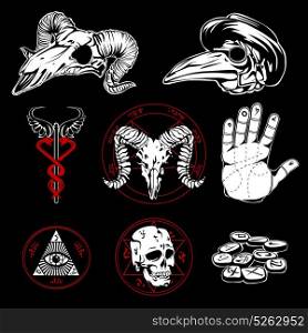 Hand Drawn Esoteric Symbols And Occult Attributes. Hand drawn esoteric emblems and occult attributes with pyramid wings all seeing eye and human palm on black background flat vector illustration