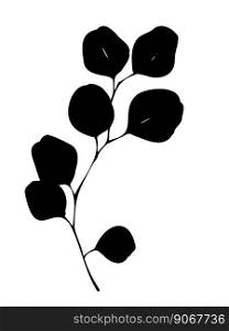Hand drawn eucalyptus tree branch silhouette illustration on white background flat vector illustration.