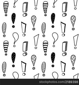 Hand drawn exclamation marks seamless pattern. Hazard warning hand draw symbol. Attention doodle icons. Background with exclamations marks. Vector illustration in doodle style on white background.. Hand drawn exclamation marks seamless pattern. Hazard warning hand draw symbol. Attention doodle icons. Background with exclamations marks. Vector illustration in doodle style on white background