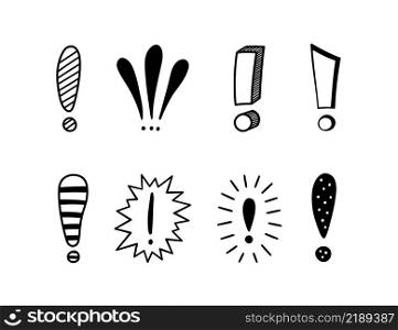 Hand drawn exclamation marks set. Hazard warning hand draw symbol. Attention doodle icons. Exclamations marks icons. Vector illustration isolated in doodle style on white background.. Hand drawn exclamation marks set. Hazard warning hand draw symbol. Attention doodle icons. Exclamations marks icons. Vector illustration isolated in doodle style on white background