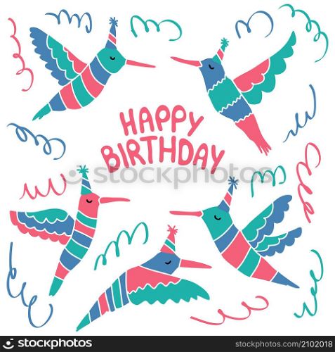 Hand drawn exotic funny hummingbirds birthday pattern. Perfect for greeting card, party invitation and print. Doodle vector illustration for decor and design.
