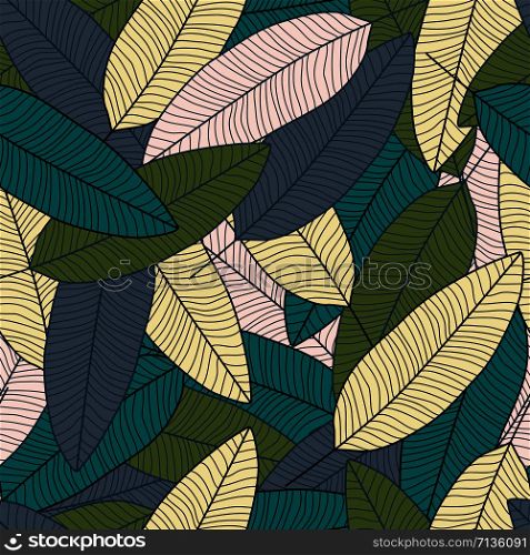 Hand drawn exotic plant wallpaper. Forest leaf seamless pattern. Tropical pattern, palm leaves floral background. Printing, textile, fabric, interior, wrapping paper. Vector illustration. Hand drawn exotic plant wallpaper. Forest leaf seamless pattern.