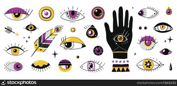 Hand drawn eyes. Doodle contemporary ornamental symbols, evil magic trendy elements, eyes hand stars and beads. Vector set isolated graphic ethnic different talismans eye. Hand drawn eyes. Doodle contemporary ornamental symbols, evil magic trendy elements, eyes hand stars and beads. Vector isolated set