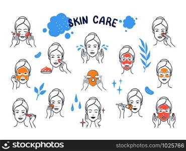 Hand drawn face care. Doodle skin facial mask and protection infographic elements, girl cartoon character. Vector skin care, procedures acne treatment, washes makeup, set on white background. Hand drawn face care. Doodle skin facial mask and protection infographic elements, girl cartoon character. Vector cartoon set