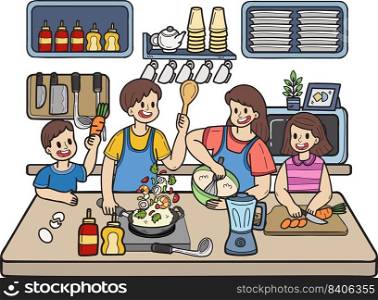 Hand Drawn Family cooking together in the kitchen illustration in doodle style isolated on background