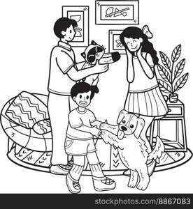 Hand Drawn Family playing with dog and cat in living room illustration in doodle style isolated on background