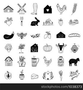 Hand drawn Farm icon set in doodle style. Vector illustration of animal husbandry, plant growing, tools and machines for farming and gardening logos. Hand drawn Farm icon set in doodle style