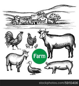 Hand drawn farm set with village house and livestock animals isolated vector illustration. Hand Drawn Farm Set