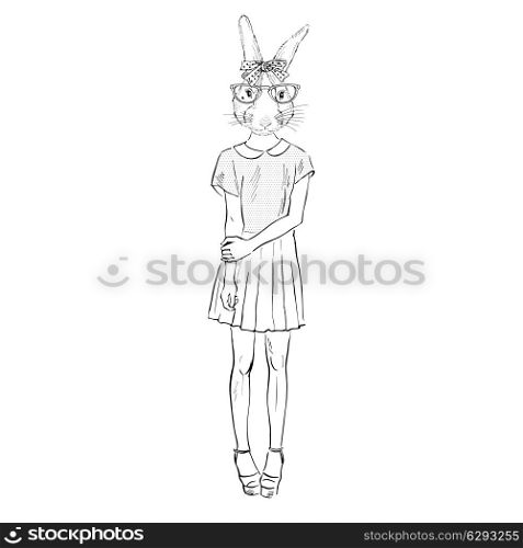 Hand drawn fashion illustration of dressed up bunny hipster