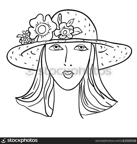 Hand-drawn fashion model. Vector illustration. Woman&acute;s face a hat