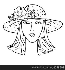 Hand-drawn fashion model. Vector illustration. Woman&acute;s face a hat
