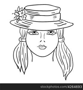 Hand-drawn fashion model. Vector illustration. Woman&acute;s face a hat