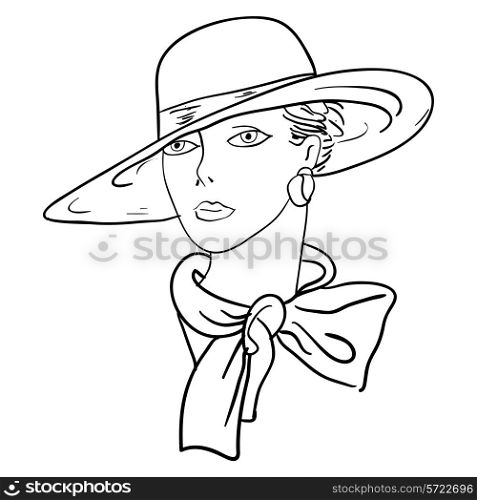 Hand-drawn fashion model. Vector illustration. Woman&rsquo;s face a hat