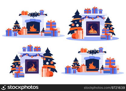 Hand Drawn Fireplace decorated for Christmas in flat style isolated on background