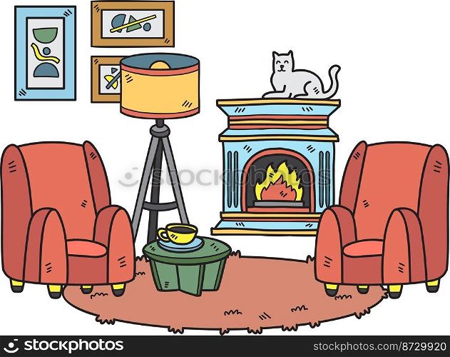 Hand Drawn Fireplace with cats and sofa interior room illustration isolated on background