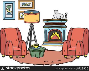 Hand Drawn Fireplace with cats and sofa interior room illustration isolated on background