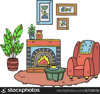 Hand Drawn Fireplace with plants and sofa interior room illustration isolated on background