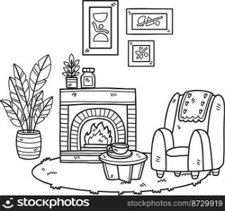 Hand Drawn Fireplace with plants and sofa interior room illustration isolated on background