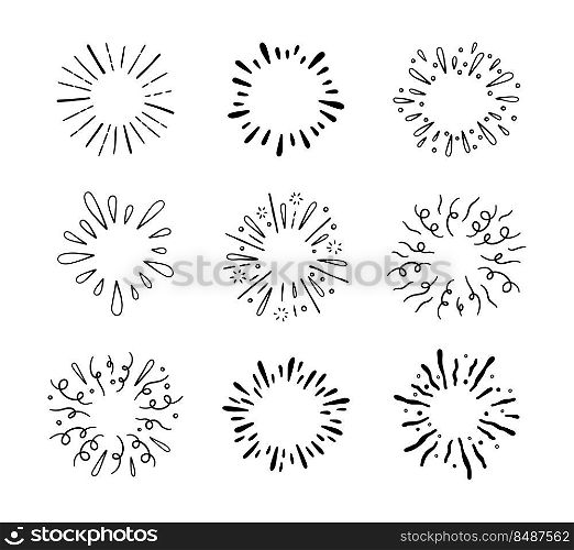 Hand drawn firework. Star burst. Sunburst doodle icon. Hand drawn explosion frame. Sparkles set with radial lines. Explosion vintage effects. Vector illustration isolated on white background.