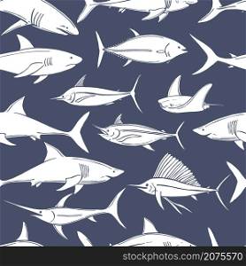 Hand drawn fish and sharks. Vector seamless pattern. . Fish and sharks. Vector pattern.