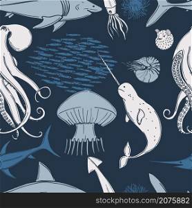 Hand drawn fish and wild marine animals on blue background. .Vector seamless pattern. . Fish and wild marine animals set.