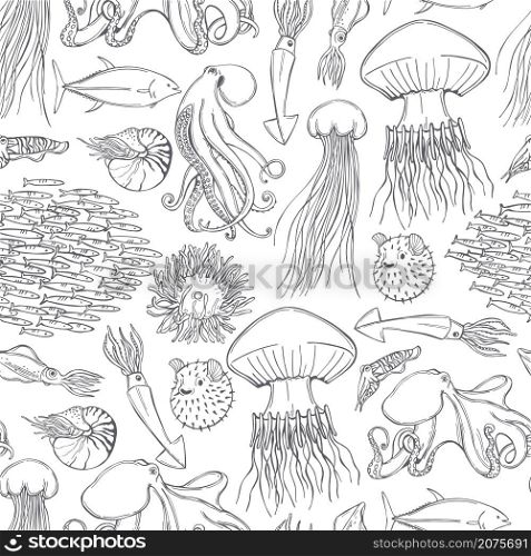 Hand drawn fish and wild marine animals on white background. Vector seamless pattern.. Fish and wild marine animals set. Vector pattern