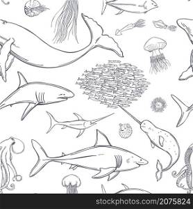 Hand drawn fish and wild marine animals on white background. Vector seamless pattern. . Fish and wild marine animals set. Vector pattern.