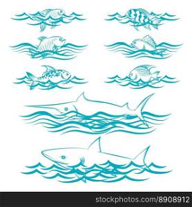 Hand drawn fish in the waves. Hand drawn fish in the waves isolated on white background. Vector illustration