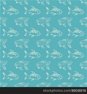 Hand drawn fish on blue pattern. Seamless pattern with hand drawn fish on blue background. Vector illustration