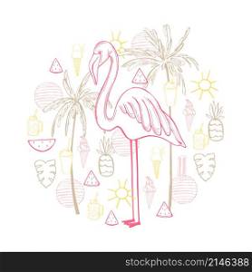 Hand drawn flamingos and palm trees in a circle. Vector sketch illustration.