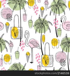 Hand drawn flamingos and palm trees.Vector seamless pattern . Hand drawn flamingos and palm trees